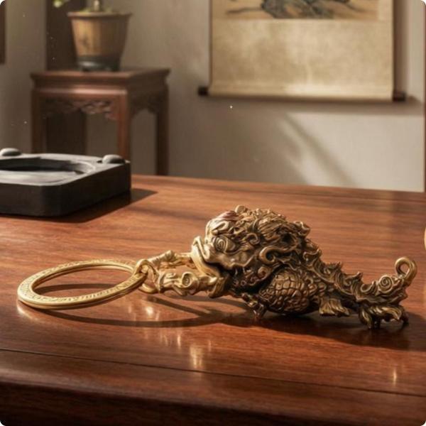龍ペンダント 精密ディテール キーチェーンチャーム 真鍮製アクセ 鞄飾り 金属質感 ほどよい重量 約...