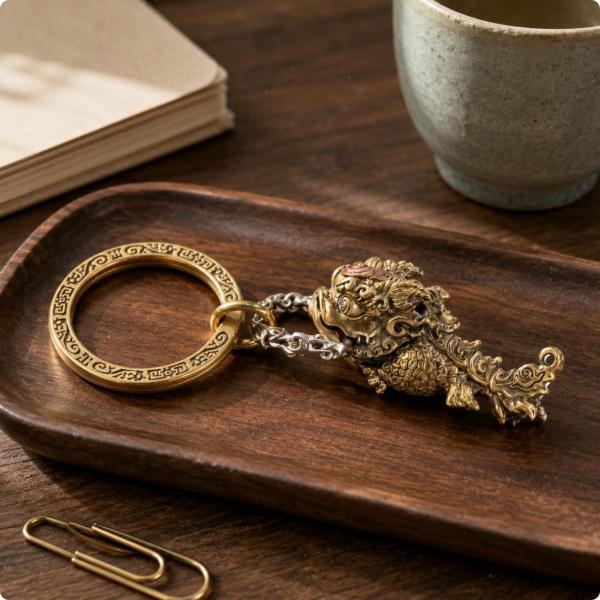 龍ペンダント 精密ディテール キーチェーンチャーム 真鍮製アクセ 鞄飾り 金属質感 ほどよい重量 約...