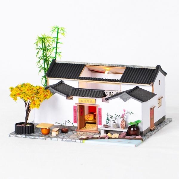 DIYクリエイティブミニチュアドールハウス家具キット付きLEDライト木製モダン3Dパズル子供用大人用