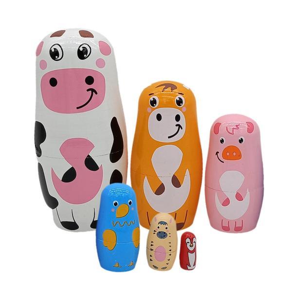 6x 木製 ロシア 入れ子人形 マトリョーシカ 細工人形 伝統的な動物の絵 素敵なギフト ホリデー ...