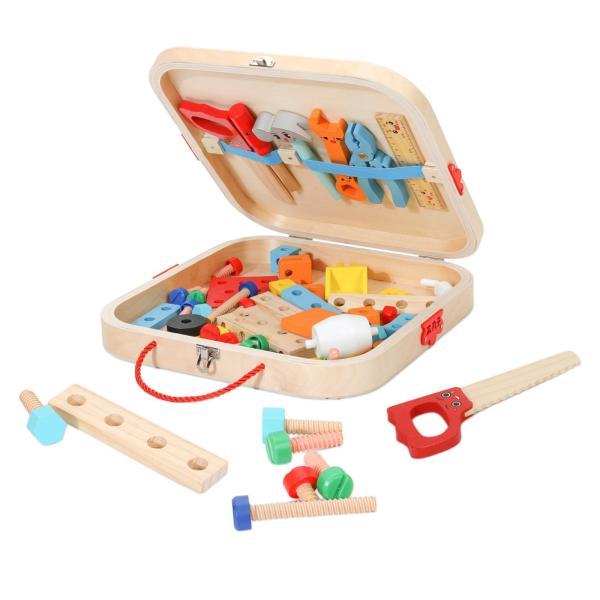 木製子供ツールセット 幼児用 木製ツールおもちゃ ツールボックス付き ごっこ遊び カラフルな木製ツー...