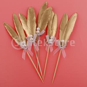 カップケーキトッパー　ちょう結び　真珠　ゴールデンフェザー　料理飾り　写真小物　5本