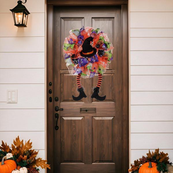 ハロウィン魔女リースガーランド 手作りメッシュ装飾 60cmx40cm ハロウィンリース 玄関ドア用...