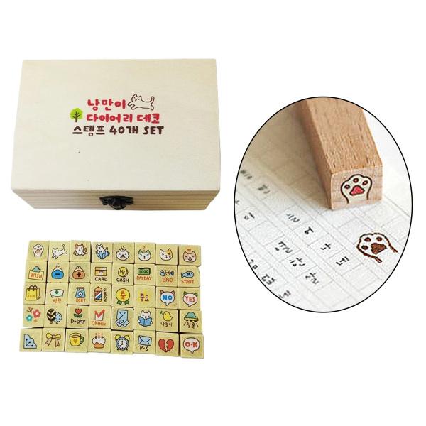 木製の漫画の猫と魚のスタンプ、収納ボックス付きのかわいいスタンプセット（40個）-カード作成、DIY...