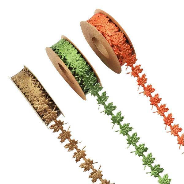 3ロール メープルリーフリボン メープルリーフ型装飾 エンボス加工 感謝祭リボン ブーケ作り用秋リボ...