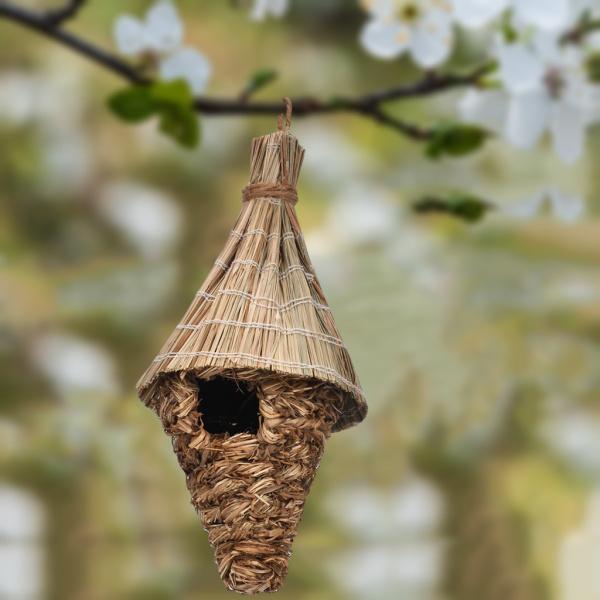ハチドリの家、屋外にぶら下がっている自然なハチドリの巣の装飾、草の鳥の家、外の家の窓の庭のカナリアの...