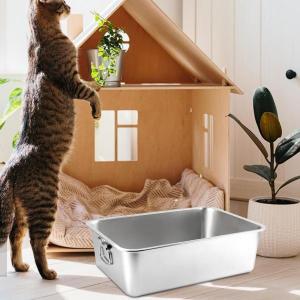 猫用トイレ ステンレススチール製 大型オープントップ ペット用トイレ 猫砂盆地 60x40x10cm ハンドル付き