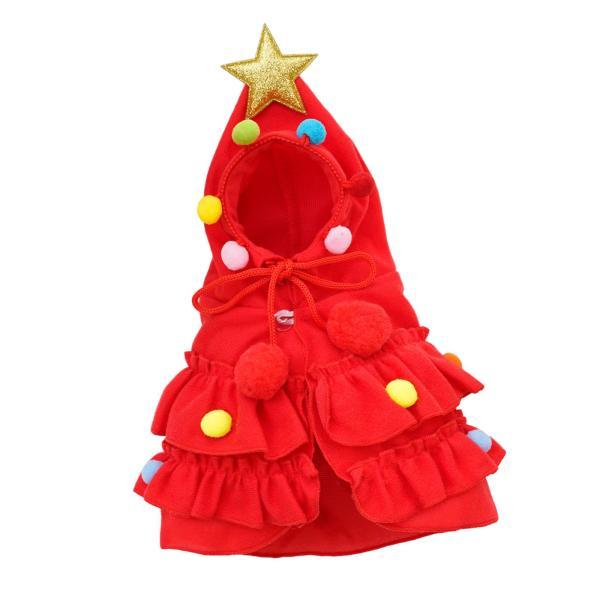 星とポンポン付きクリスマスマント コスプレドレス クリスマスツリーケープ サンタ帽子付き S レッド