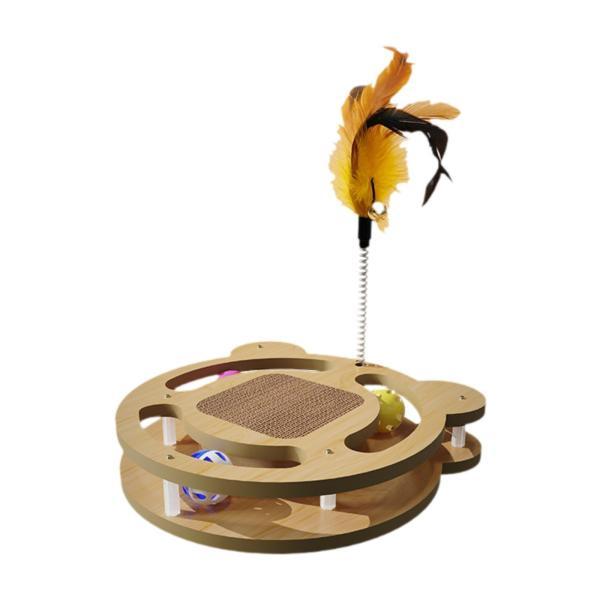 2層木製猫ボールトラックおもちゃ、羽根付きゲームパズルおもちゃ、インタラクティブ猫ティーザーペットシ...