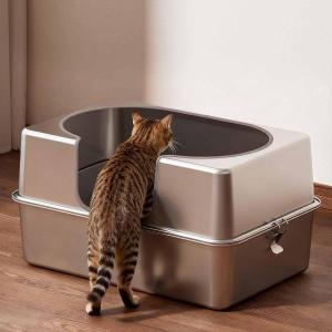 ステンレス製猫用トイレ、お手入れ簡単、高い側面付き猫用トイレトレイ S