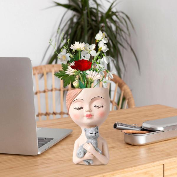 かわいい顔植木鉢樹脂ヘッドプランター男性オフィスと庭の装飾女性白猫