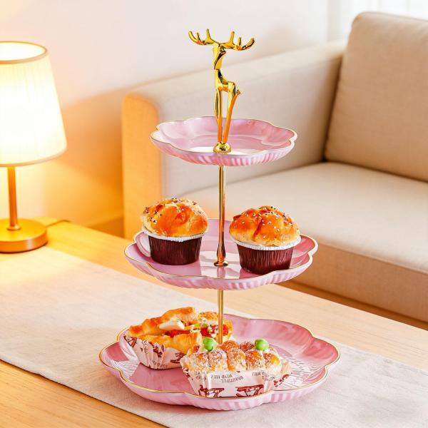 3段カップケーキスタンド 再利用可能 クッキートレイラック パーティー お祝い ??結婚式 ピンクゴ...