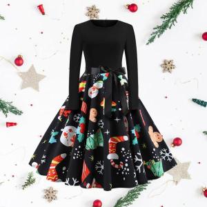 レディースドレス長袖クリスマスドレスAラインカクテルパーティードレスMプリント3