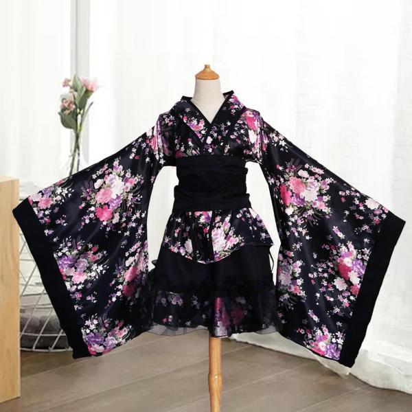 着物 コスチューム 花柄 ガウン コスプレ 仮装 伝統的 アジア スカート XL ブラック