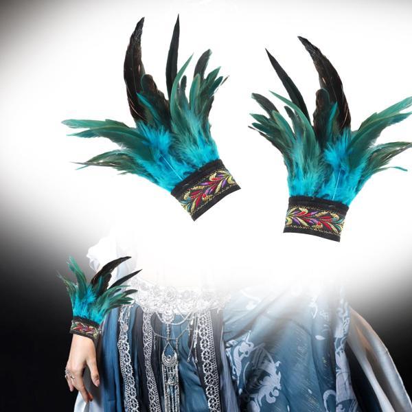 フェザーリストカフスアームアクセサリーエスニックスタイルアームグローブフローラルリストバンドブルー