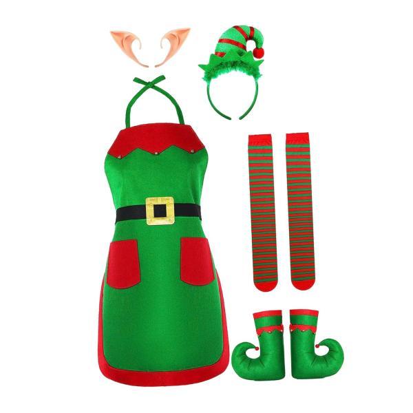 クリスマスコスチュームセット衣装エルフエプロンイブニングステージパフォーマンスホリデー用耳と靴下付き