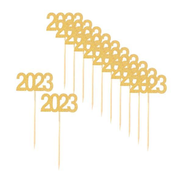 12個 2023 カップケーキトッパー グリッター パーティーの装飾 誕生日テーマ用品 金色