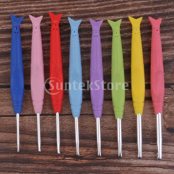 IPOTCH 8本 2.5mm-6.0mm かぎ針編みフックセット 魚のデザイン シリカ ゲル ハン...