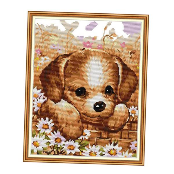 スタンプ＆カウントクロスステッチキット-かわいい犬の子犬パターン39x48cm 11CT