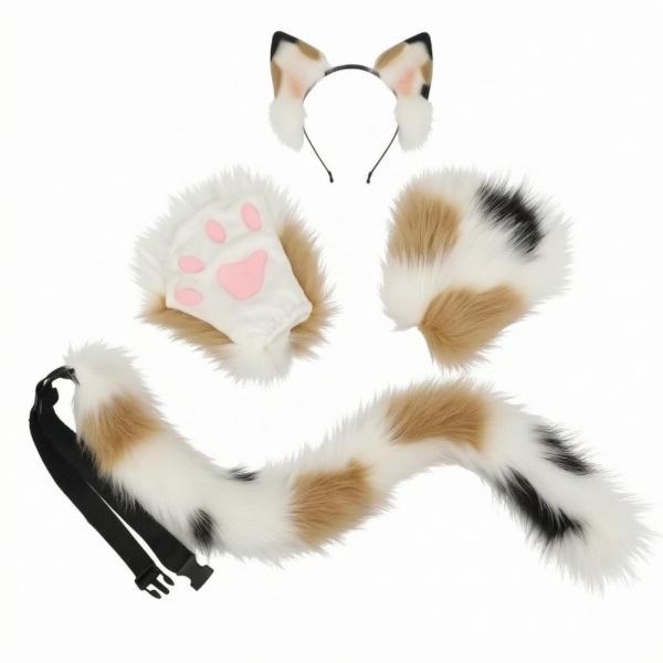 猫のコスプレセット（手袋付き）、フェイクヘアの猫コスチュームセット、毛皮の動物耳カチューシャ（コスプ...