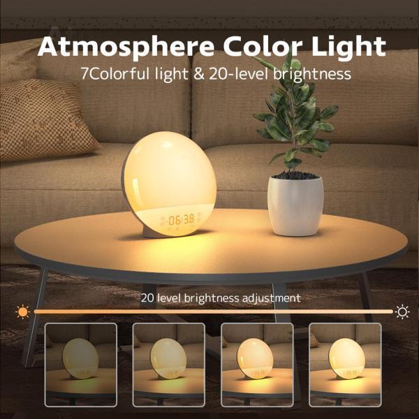 スマートウェイクアップライト目覚まし時計デジタル7カラースイッチラジオサンライズサンセット