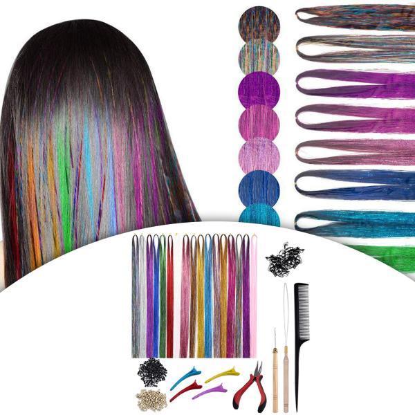 ヘアスタイリングパーティーの女性の女の子のための12色のヘアエクステンションティンセルキット