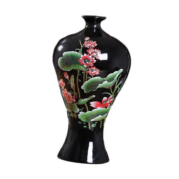 ブラック セラミック花瓶 ロータス パターン クラフト シャープリー グレーズ ブックシェルフ キャ...