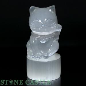 石流通センター 招き猫 金運 縁起物 彫刻置物 水晶・福 約32x40mm