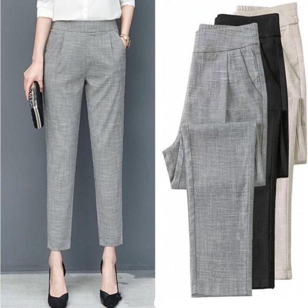 テーパードパンツ リネンパンツ レディース 夏服 ボトムス 9分丈パンツ スーツパンツ 綿麻風 バッ...