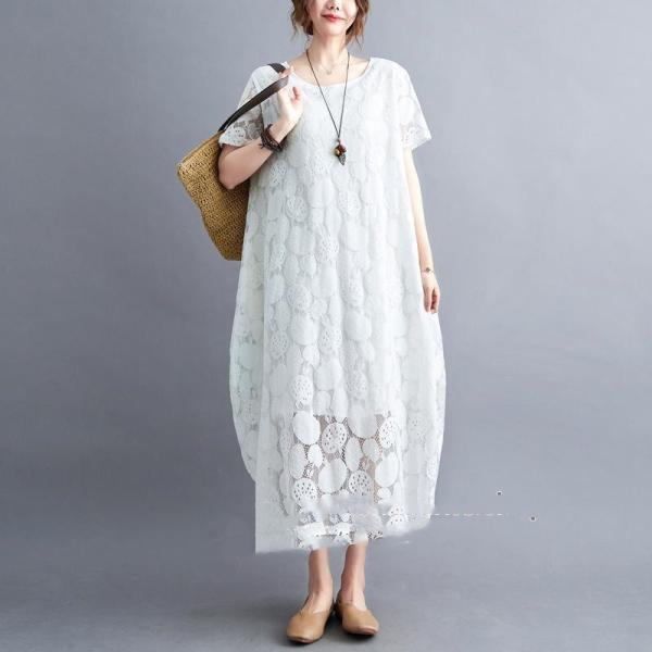 レースワンピース 半袖ワンピース 夏 きれいめ ロングワンピース ゆったり 夏ワンピース 着痩せ 気...