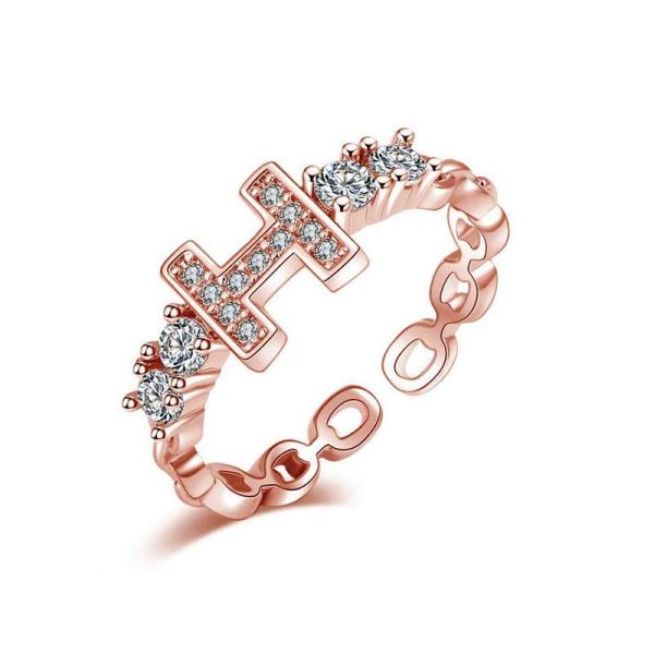 K18 Pink Gold Filled Czダイヤモンド リング H デザイン クリスタル Pin...