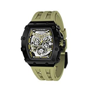 TSAR BOMBA 腕時計メンズ スケルトン 自動巻き機械式 アナログスケルトン腕時計 5気圧防水 時計シリコンバンド ウォッチ 樽型ラージダイヤ