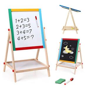 aleawol お絵かきボード 子供黒板 ホワイトボード 木製イーゼル 高さ調整可能 360度回転 両面磁気製図ボード 収納トレイ 黒板消し マーカー