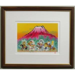 開運 絵画 富士山 七福神 九馬 赤富士 馬九行 赤富士九馬 風水 開運絵画 アート 運気アップ 47x39.5cm 額装付き｜storecullinan