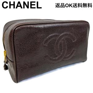 【返品OK】CHANEL シャネル ココマーク キャビアスキン ポーチ コスメ 化粧 ブラウン B【D467901168503ミ2601】