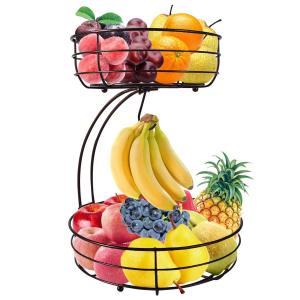 2層フルーツ スタンド フルーツバスケット バナナ吊りフック付き ワイヤ モダンな果物かご、野菜収納スナックホルダーラックブレッドスタンド｜stsyoten-store
