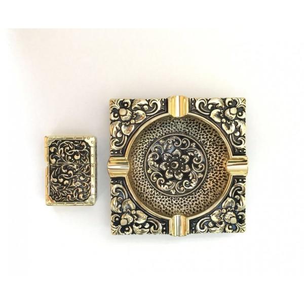 ヘビーアーマー オイルライター 灰皿セット (角皿) ゴールド 重厚仕上げ