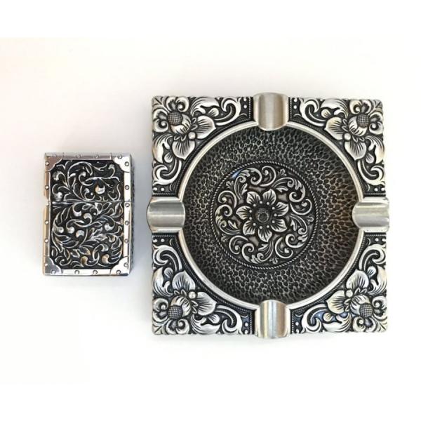 ヘビーアーマー オイルライター 灰皿セット (角皿) シルバー 重厚仕上げ