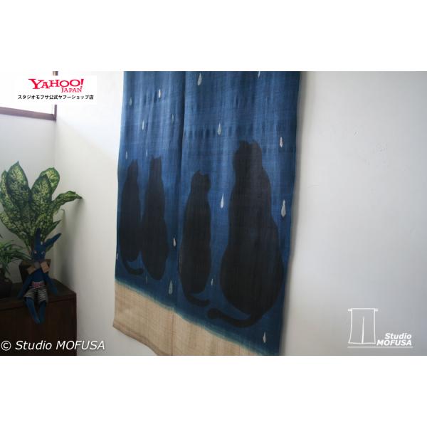 暖簾 のれん N-8126 雨ネコ  墨染 藍染 半間 本麻 90cmx130cm