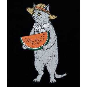 スイカ 猫 黒猫 プリント 半袖Tシャツ 麦わ...の詳細画像4