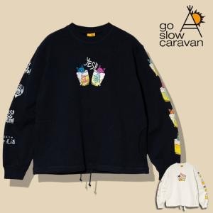 go slow caravan スウェット ヘムスピンドル 猫と麦酒 刺繍 プリント 両サイド ポケット クルーネック 裏毛生地 ヘビーウェイト トップス アウトドア キャンプ