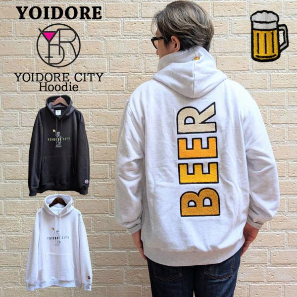 YOIDORE CITY ロゴ 刺繍 裏毛生地 パーカー スウェットパーカー サガラワッペン BEE...