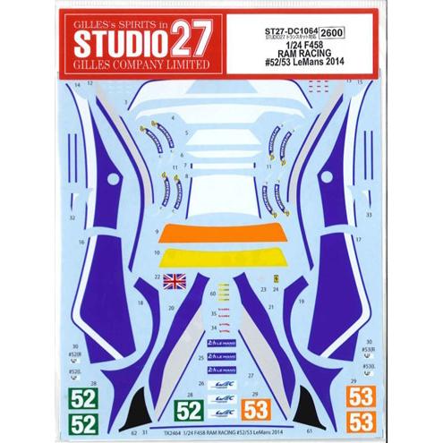 【STUDIO27】1/24 F458 RAM RACING #52/53 LM 2014デカール