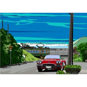 版画作品　湘南イラスト「Sevenmile-Hills」　（湘南は七里ヶ浜の海岸線と江ノ電・コルベッ...