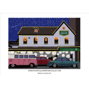 湘南イラストポスター「稲村ケ崎の海岸線を駆け抜けるフェラーリ A4