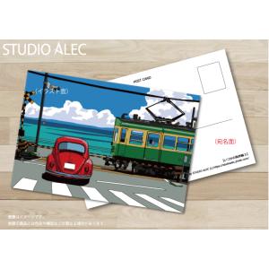 湘南イラスト ポストカード 鎌倉高校前踏切を通過する江ノ電とワーゲンビートル いつかの海岸線３ Shpc Studio Alec 通販 Yahoo ショッピング
