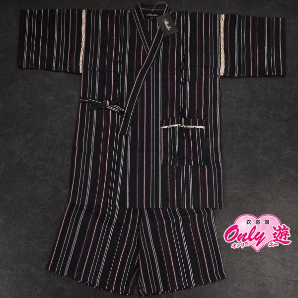 大/子供用甚平/しじら織2点セット/244-6037/Misayama/A/墨黒地×赤白ストライプ/...