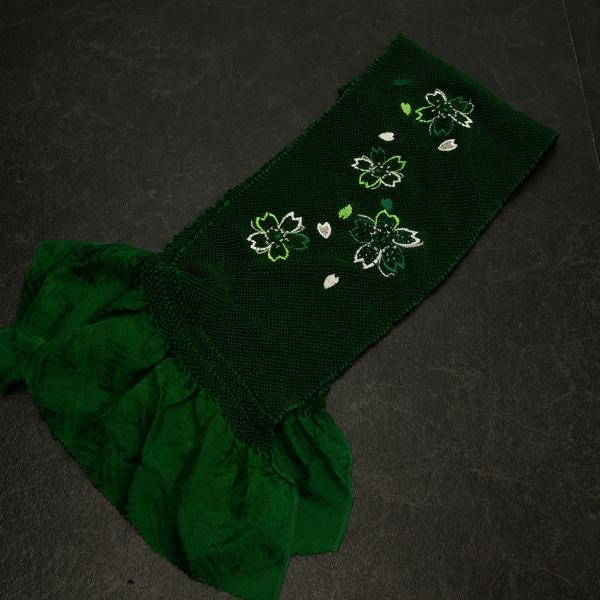 83NK75070【在庫処分品】【少々難有り】帯揚げ/刺繍入り絞り帯揚げ/桜/深緑/正絹/振袖用/絞...