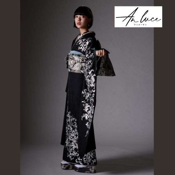 【新作】お誂え付き振袖フルセット/AL-K/アンルーチェ/唐草/ブラック/シルバー/購入/振袖/ブラ...