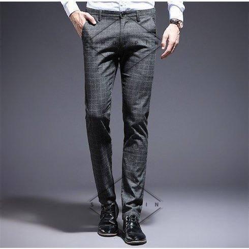 スラックス メンズ ビジネス スリム 春夏 細身 紳士ローライズ チェック柄　ストレートパンツ ビジ...